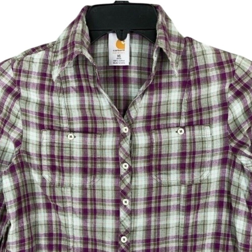 Carhartt Plaid Button Down Shirt Womens XS Purple Long Sleeve Roll Tab Casual